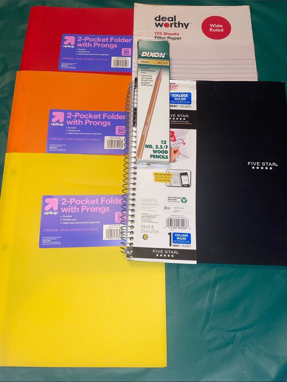 School supplies-Black Notebook, Assorted Red, Orange, Yellow Folders